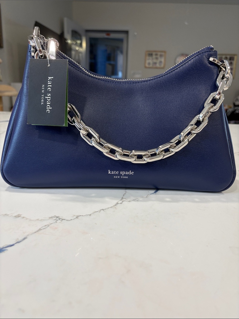 kate spade Navy Leather Shoulder Bag with Silver Chain